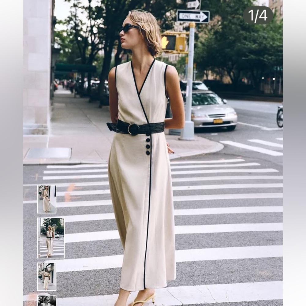 Zara NWT Sleeveless V-Neck wrap Midi Dress in Cream linen with Black Trim  small